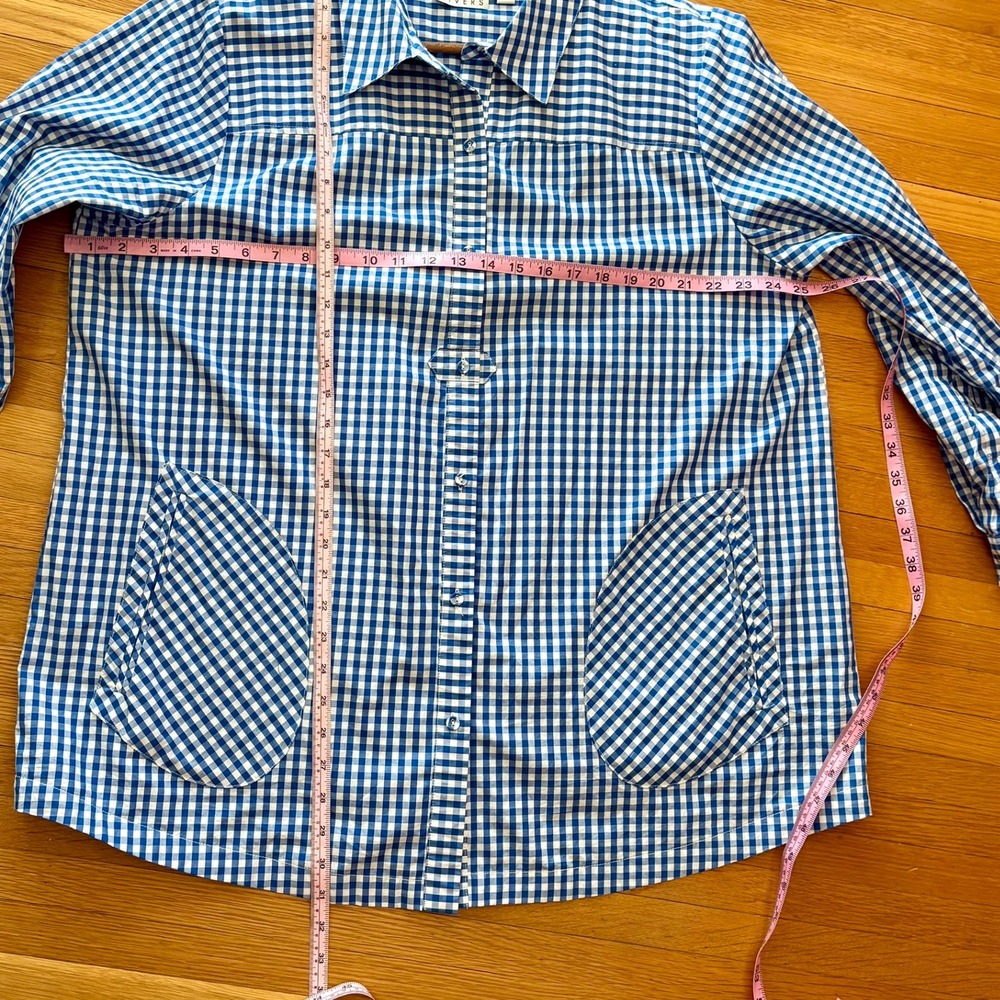 Joan Rivers Cotton Poplin Gingham Button Up Tunic Top Size 1X Blue White Pockets - Picture 8 of 12